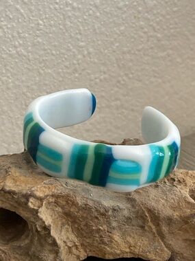 Vintage Fused Art Glass White with Blue & Green Stripes Cuff
